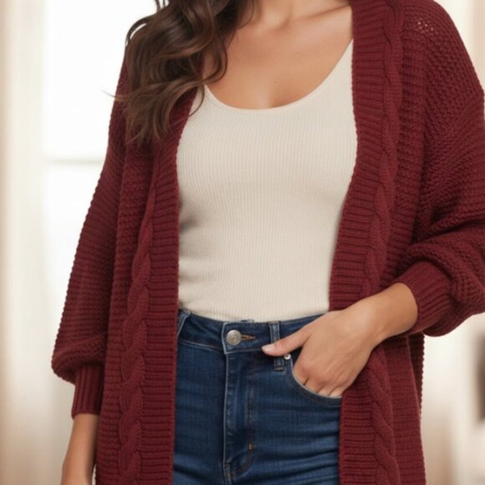 Women's Casual Open Front Coat Cable Knit Long Sweater Medium
